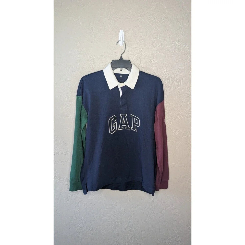 GAP Kids Boys XXL Blu Green Maroon Colorblock Logo Long Sleeve Rugby Polo Shirt